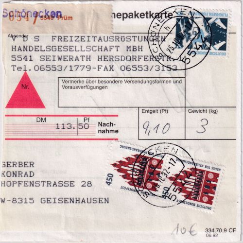 BRD - 2x450+10 Pfg. SWK Nachnahme-Paketkarte Schönecken - Geisenhausen 1992