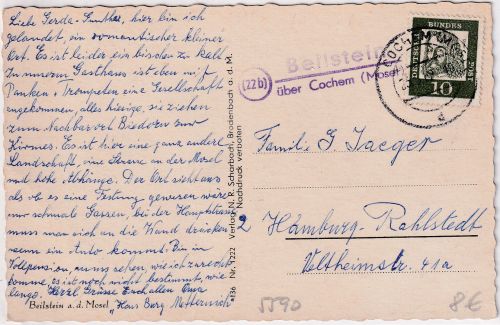 BRD - (22b) Beilstein ü. Cochem Landpost-L2 Karte n. Hamburg 1962