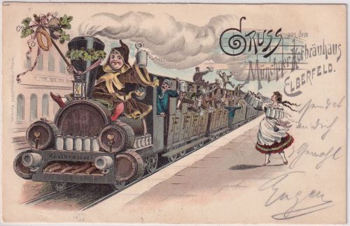 NRW - Elberfeld Münchner Hofbräu farb. Eisenbahn-Grusskarte Litho gelaufen 1898