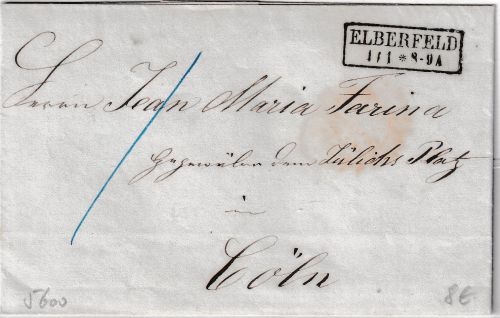 Preussen - Elberfeld 4/1 Ra2 Portobrief n. Cöln 1853 - ohne Inhalt