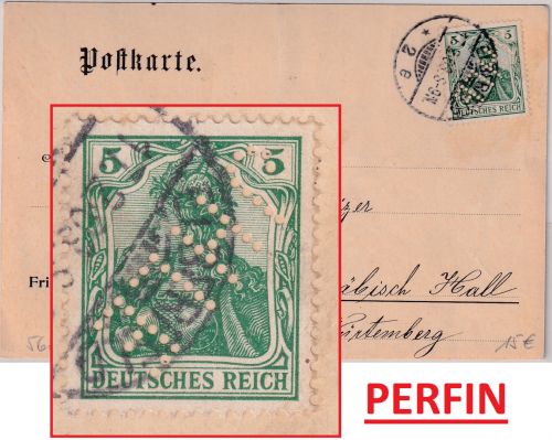 DR - 5 Pfg. Germania Perfin "JHLE" Karte Elberfeld - Schwäbisch Hall 1903