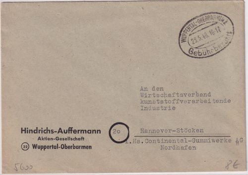 All.Bes. - Wuppertal-Oberbarmen 1946 Gebühr bezahlt Ovalstpl. Brief n. Hannover