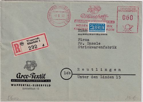 BRD - Wuppertal-Elberfeld 1952 60 Pfg. AFS Röllinghoff Arco Textil Einschreiben
