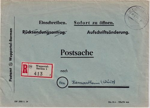 BRD - Wuppertal-Barmen 1955 Einschreiben-Postsache Aufschriftsänderung RR!