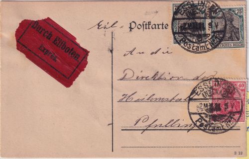 DR - 2x75+40 Pfg. Germania Eilkarte Esslingen - Pfullingen 1921