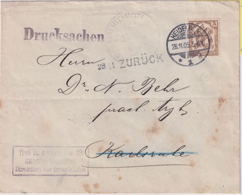 DR - 3 Pfg. Zähldienstmarke Drucksache Heidelberg - karlsruhe 1905