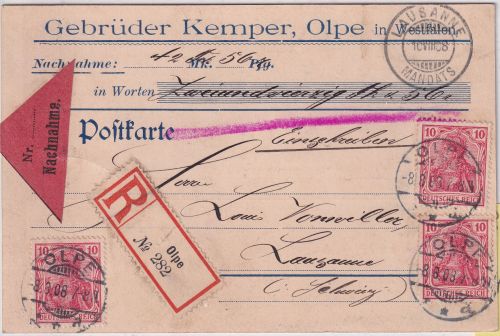 DR - 3x10 Pfg. Germania Nachnahme-Einschreibekarte i.d. SCHWEIZ Olpe 1908