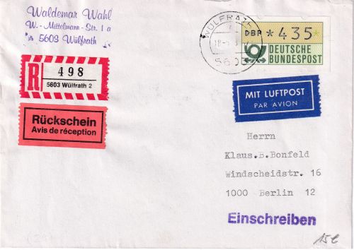 BRD - 435 Pfg. ATM Luftpost-Einschreibebrief m. Rückschein Wülfrath Berlin 1988