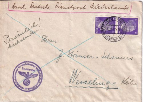 Dt.Bes. Niederlande - 2x6 Pfg. AH Brief Den Haag - Wesseling 1942