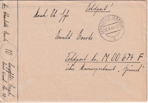 DR - Lengfeld (Erzgeb.) 2.9.44 Feldpostbrief an Fp.Nrt. M00674F (Belgien)