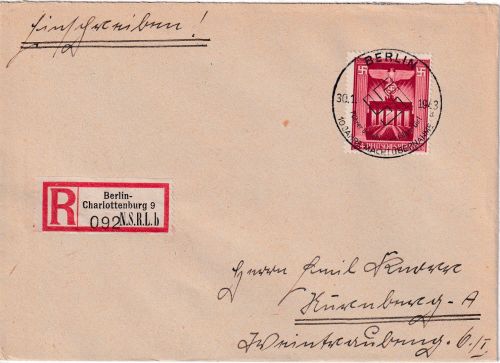 DR - 54 Pfg. 10 J. Machtergreifung Einschreibebrief SST Berlin - Nürnberg 1943