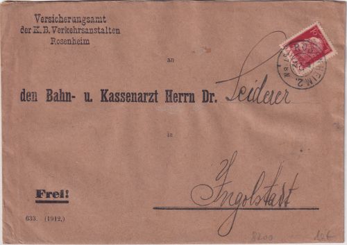 Bayern - 10 Pfg. Luitpold/E-Lochung Dienstbrief Rosenheim - Ingolstadt 1912