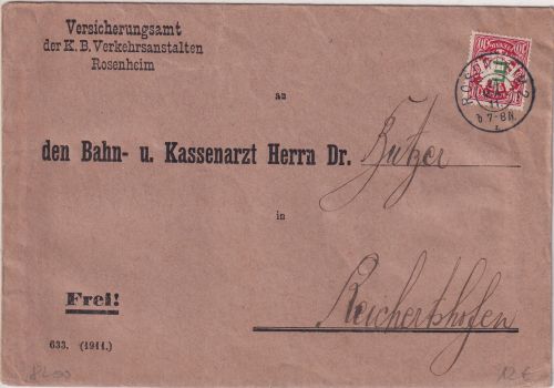 Bayern - 10 Pfg. Wappen/E-Aufdruck Dienstbrief Rosenheim - Reichertshofen 1911