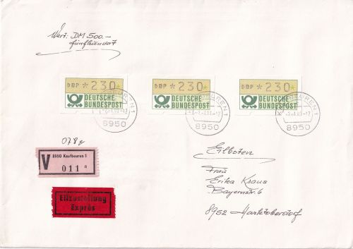 BRD - 3x230 Pfg. ATM Eilboten-Wertbrief bis 100g/FDC Kaufbeuren 2.1.81