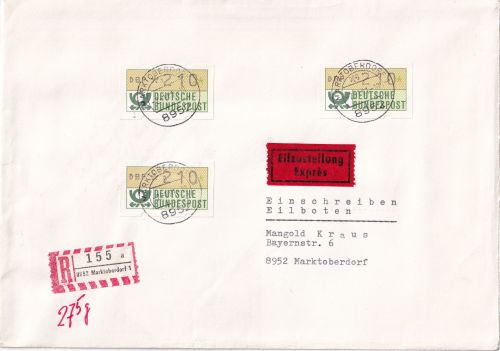 BRD - 3x210 Pfg. ATM Eilboten-Einschreibebrief bis 500g/FDC Marktoberdorf 2.1.81