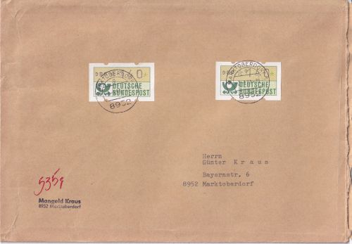BRD - 2x140 Pfg. ATM Brief 500-1000g/FDC Marktoberdorf 2.1.81