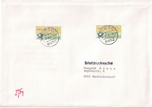 BRD - 2x100 Pfg. ATM Briefdrucksache 250-500g/FDC Marktoberdorf 2.1.81
