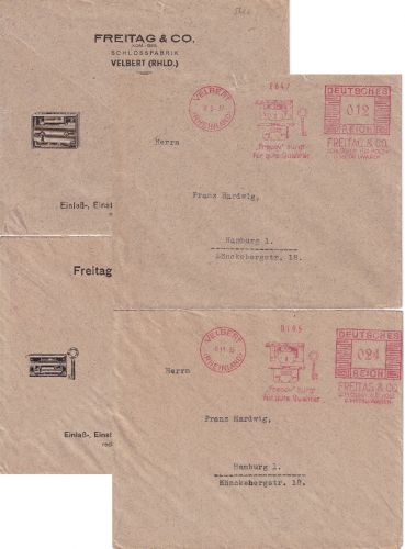 DR - Velbert 1935/37 12 + 24 Pfg. AFS Freitag & Co. Schlösser 2 illustr. Briefe