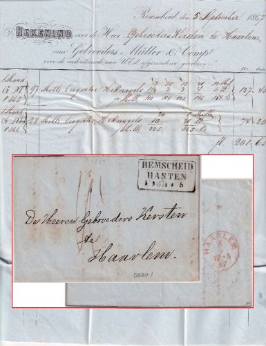 Preussen - Remscheid-Hasten 5/9 67 Ra3 Portobrief n. HOLLAND (Haarlem)