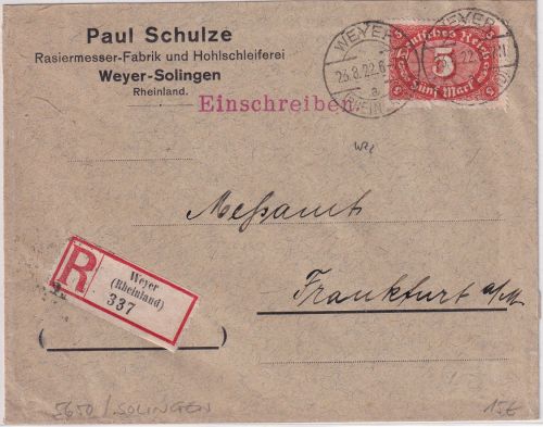 DR-Infla - 5 M. Queroval Einschreibebrief Weyer (Rheinland) Frankfuurt a/M 1922