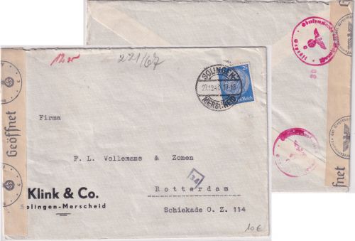 DR - 25 Pfg. Hindenburg Zensurbrief n. HOLLAND Solingen-Merscheid 1940
