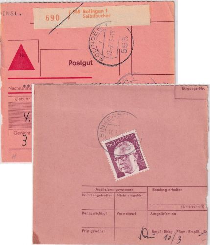 BRD - 150 Pfg. Heinemann Aushändigungsgebühr NN-Paketkarte v. Solingen 1975