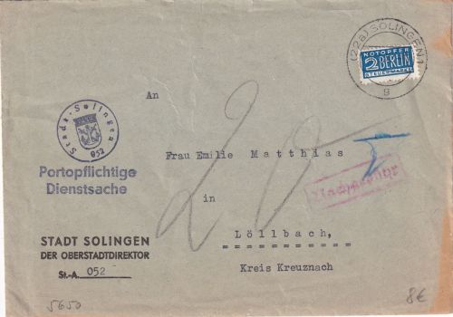 BRD - Solingen 1952 Portopfl. Dienstsache n. Löllbach - Nachgebühr