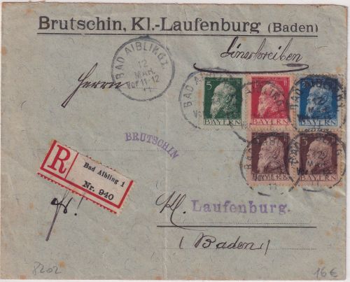 Bayern - 20 Pfg. Luitpold u.a. Einschreibebrief Bad Aibling - Laufenburg 1911
