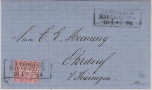 NDP - Saarbrück Bahnh. Exped. 10/1 Ra3 Brief 1 Gr. gez. n. Ohrdruf 1871