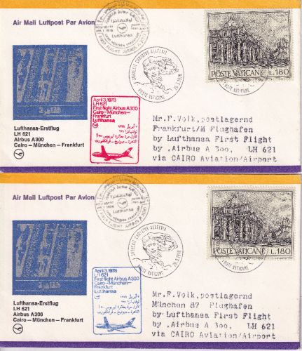 Vatikan - Zuleitungspost LH-Erstflug München/Frankfurt - Cairo 1978 - 2 Belege