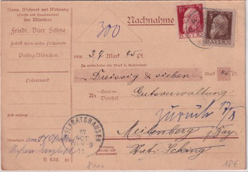 Bayern - 10+3 Pfg. Luitpold Nachnahmedrucksache Pasing - Meilenberg/Icking 1911
