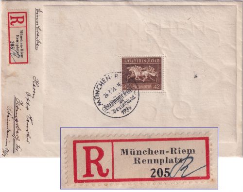 DR - München-Riem Rennplatz So-R-Zettel Einschreibebrief 1936 Block Braunes Band