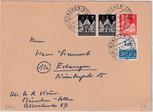 Bizone - 2 Pfg. Notopfer OBERRAND u.a. Karte München-Solln - Erlangen 1951