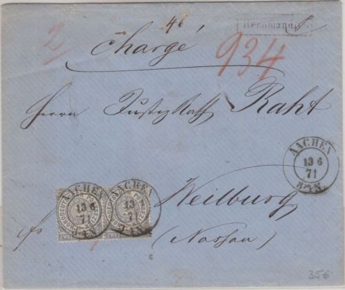 NDP - 2 Gr. gez. waagr. Paar Einschreibebrief K2 Aachen - Weilburg 1871