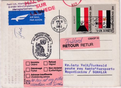 UNO New York - Luftpostkarte n. SOMALIA (Mogadischou) Bürgerkrieg 1993 Fehlltg.