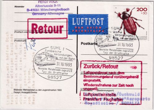 BRD - 200 Pfg. Maikäfer Luftpostkarte n. SOMALIA (Mogadischou) Bürgerkrieg 1993