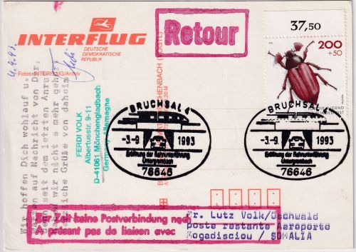 BRD - 200 Pfg. Maikäfer Luftpostkarte n. SOMALIA (Mogadischou) Bürgerkrieg 1993