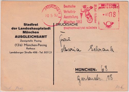 BRD - München 1953 8 Pfg. AFS "Verkehrsausstellung" Ortskarte