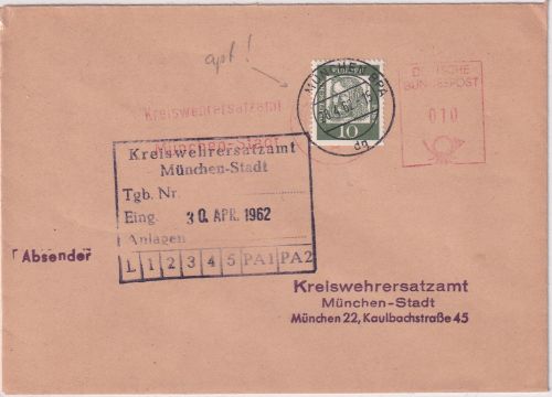 BRD - 10 Pfg. Bed. Deutsche + 10 Pfg. AFS "Kreiswehrersatzamt" Ortsbrief 1962