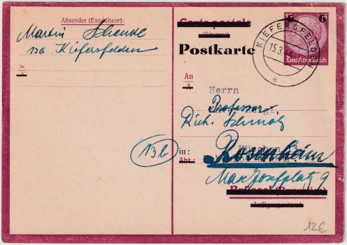 DR - 6/15 Pfg. Hindenburg Aufbrauchs-Ganzsache Antwortteil Kiefersfelden 1944
