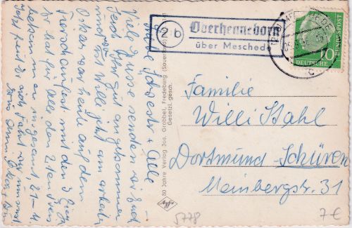 BRD - (21b) Oberhenneborn ü. Meschede Landpost-Ra2 Karte n. Dortmund 1956