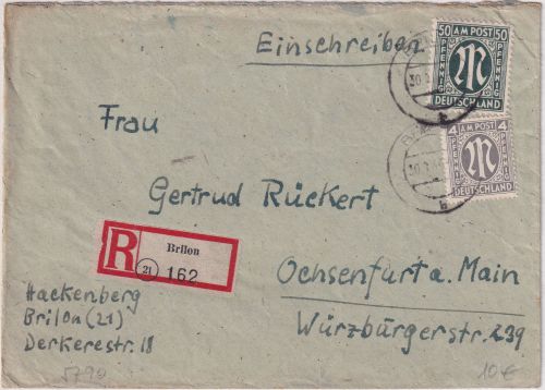 AM-Post - 50+4 Pfg. amerik./dt. Druck Einschreibebrief Brilon - Ochsenfurt 1946