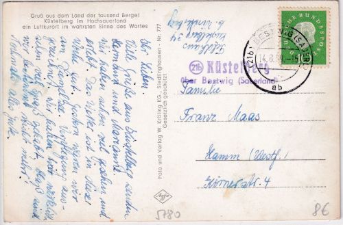 BRD - (21b) Küstelberg ü. Bestwig Landpost-L2 Karte n. Hamm 1959