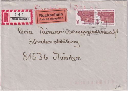 BRD - 2x400 Pfg. SWK Einschreiben m. Rückschein Bestwig - München 1996