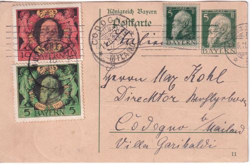 Bayern - 5 Pfg. Luitpold Ganzsache+Zusatz n. ITALIEN München - Codogno 11.6.1911