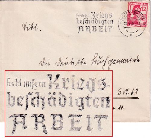DR - Münster 1937 "Gebt unseren Kriegsbeschädigten Arbeit" Masch.stpl. Brief