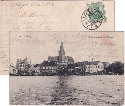 DR - Loga 1912 Tagesstempel sw-AK Leer (Partie a.d. Leda m. Rathaus)