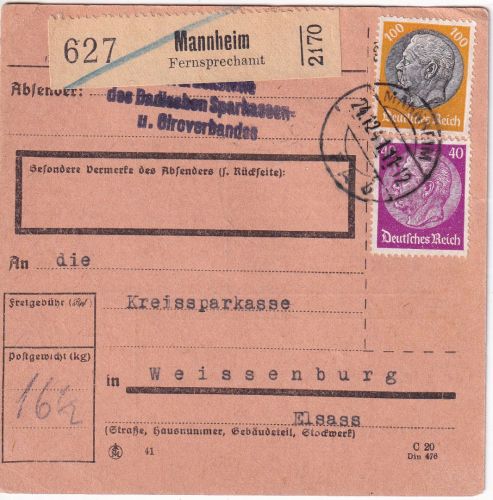 DR - 100+40 Pfg. Hindenburg Paketkarte Mannheim Fernsprechamt - Weissenburg 1941