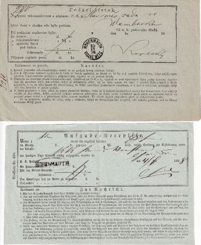 Österreich - Hohenmauth 1868/1876 2 Aufgabs-Recepissen versch. Stempelformen