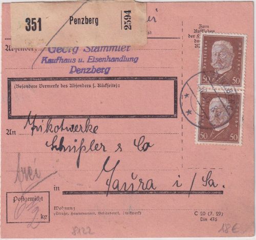 DR - 2x50 Pfg. Hindenburg Paketkarte Penzberg - Taura 1933